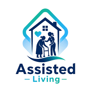 Logo-style icon for assisted living, showing a caregiver supporting an elderly resident with a walking stick inside a house outline, with blue and teal branding and the words Assisted Living underneath.