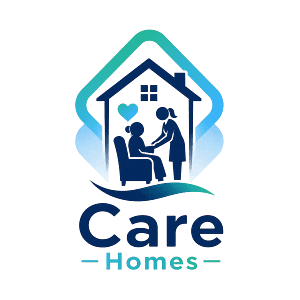 Logo-style icon showing two people in a care home setting, with a house, supportive hands and heart symbol inside a blue and teal frame, representing care home clearance support.