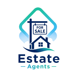 Logo-style icon showing a house with a for sale sign inside a blue and teal frame, representing estate agent property clearance and sale preparation support.