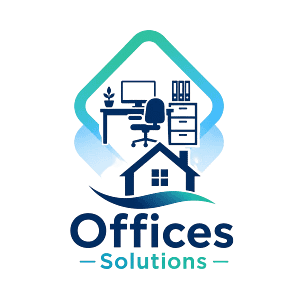 Alt text: Logo-style icon showing an office desk, chair, computer, filing cabinet and house inside a blue and teal frame, representing office clearance and workplace waste removal solutions.