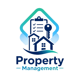 Logo-style icon showing houses, a key and a checklist inside a blue and teal frame, representing property management services.